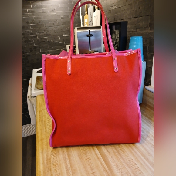 Kate Spade Canvas Patent Floral Tote Red Pink RARE EUC - Picture 4 of 16